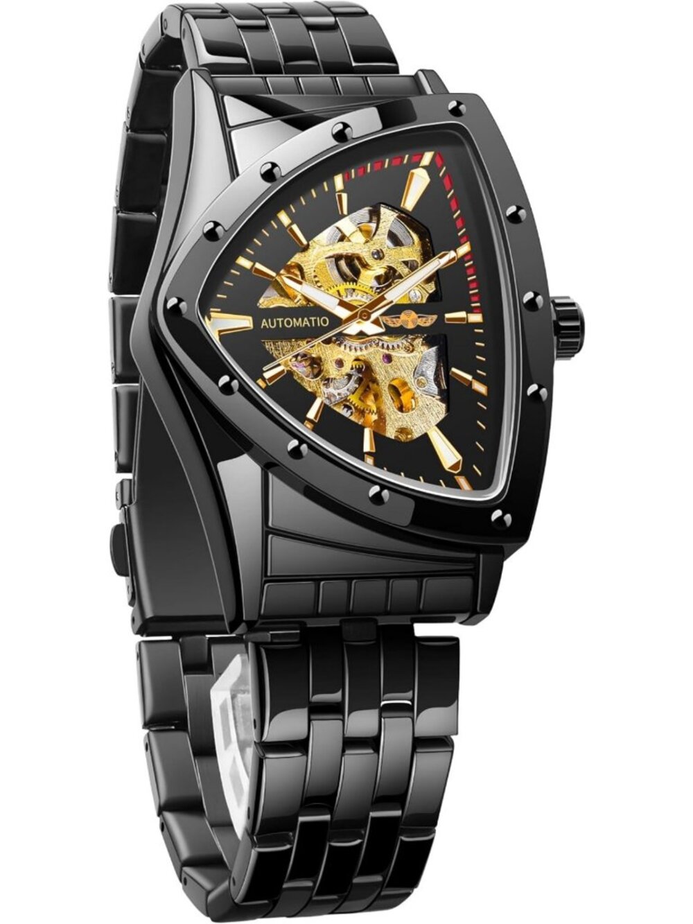 Men's Automatic Skeleton Watch, Luminous Triangle Dial, Stainless Steel or